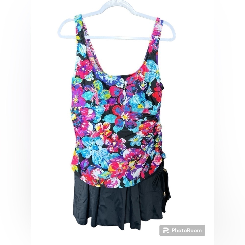 Azul Summer Swim Suit Floral/Black One Piece Wide Strap With Skirt Bottom 16
